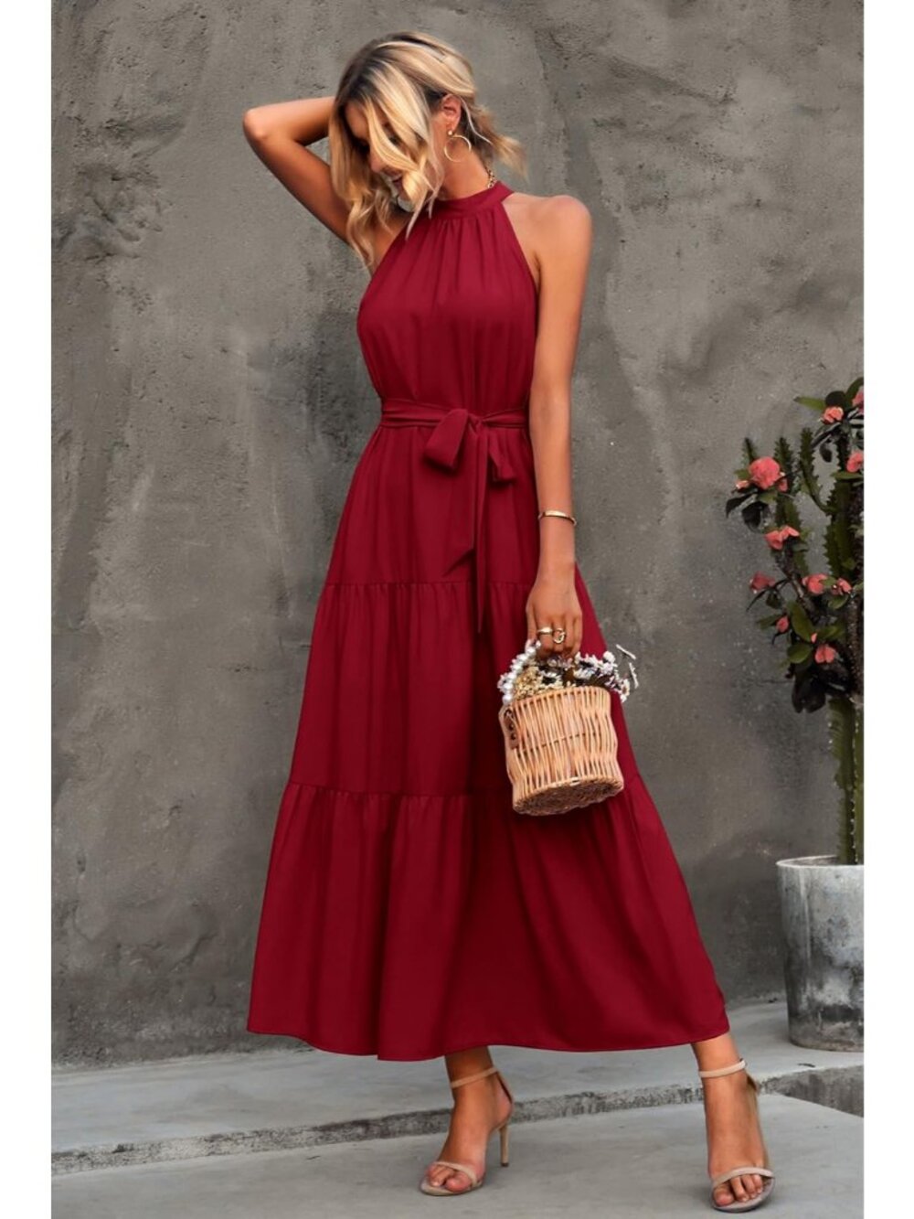 Women's Solid Wine Red Sleeveless Halter Neck High Waist Backless Maxi Dress - Picture 6 of 6